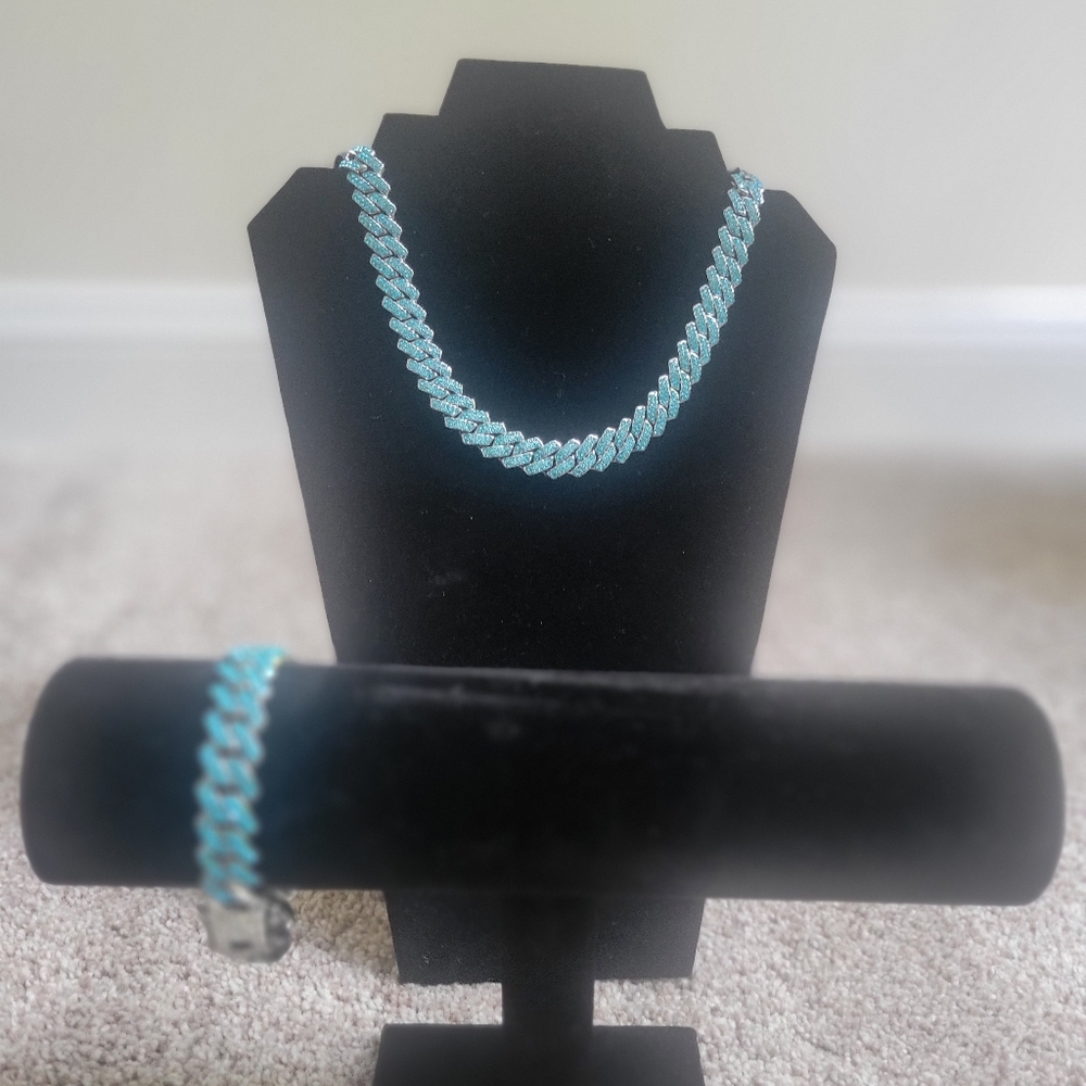 18K White Gold Plated 20" 14 mm Blue Ice Cuban Link Chain with 14mm 8" Bracelet
